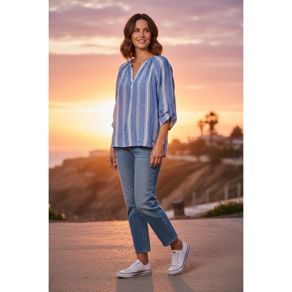 Soft Surroundings Cesme Gauze Pullover Blue White Stripe 3/4 Sleeve V-Neck M -B7